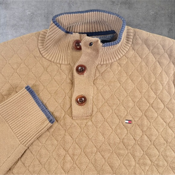 Vintage Tommy Hilfiger Heavy Quilted Quarter Zip Sweater Beige Mock Neck Large